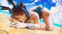 Rule 34 | 1girl, animal ears, ascari megane (aurahack), ass, aurahack, bandaid, bandaid on face, bandaid on nose, beach, breasts, brown hair, cat ears, detached collar, earrings, highres, jewelry, leotard, looking at viewer, medium breasts, mole, mole on arm, mole on hand, mole on leg, mole under eye, multiple moles, nail polish, one eye closed, original, playboy bunny, rabbit ears, rabbit tail, red eyes, ring, short hair, smile, solo, strapless, strapless leotard, tail, teeth, top-down bottom-up, v