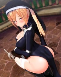 Rule 34 | 1girl, 3d, ass, blonde hair, breasts, cleavage, covered erect nipples, custom maid 3d 2, gloves, high heels, highres, large breasts, long hair, looking back, minamo rm, nun, original, red eyes, skin tight, solo, squatting, thighhighs, thighs, veil, white gloves, white thighhighs