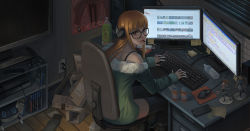 Rule 34 | 10s, 1girl, amazon (company), bloodborne, boots, bottle, box, can, cardboard box, cellphone, chair, computer, controller, cover, desk, drink can, electrical outlet, figure, food, game console, game controller, glasses, headphones, hunter (bloodborne), keyboard (computer), looking at viewer, monitor, morgana (persona 5), mouse (computer), mousepad, mousepad (object), orange hair, persona, persona 5, phone, playstation 4, pocky, sakura futaba, sitting, smartphone, soda can, solo, stuffed toy, television, video game cover, video game cover (object), yagaminoue, youtube