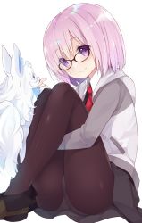 Rule 34 | 1girl, black-framed eyewear, black pantyhose, blush, closed mouth, commentary request, eye contact, fate/grand order, fate (series), fou (fate), glasses, hair between eyes, legs together, light purple hair, looking at another, mash kyrielight, panties, panties under pantyhose, pantyhose, purple eyes, purple hair, shoes, short hair, simple background, smile, solo, thighs, underwear, watanon (gakushokutei), white background, white panties