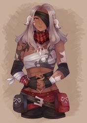 Rule 34 | 1girl, abs, absurdres, au ra, warrior of light (ff14), bandaged arm, bandages, bandana, belt, blouse, breasts, dark skin, eyepatch, final fantasy, final fantasy xiv, fingerless gloves, gloves, grey lips, hair over shoulder, head tilt, highres, horn ornament, horn ring, horns, interlocked fingers, jewelry, large breasts, lipstick, long hair, lunie, makeup, midriff, multiple belts, muscular, muscular female, necklace, plaid, red eyes, scales, shirt, silver hair, square enix, stomach, tan, tooth necklace, white shirt