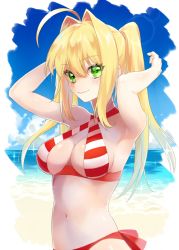 Rule 34 | 1girl, ahoge, alternate hairstyle, arms up, beach, bikini, blonde hair, breasts, criss-cross halter, day, fate/grand order, fate (series), gen (gen m gen), green eyes, hair between eyes, hair intakes, halterneck, lens flare, long hair, looking at viewer, medium breasts, navel, nero claudius (fate), nero claudius (fate) (all), nero claudius (swimsuit) (fate), nero claudius (swimsuit caster) (fate), smile, striped bikini, striped clothes, swimsuit, twintails, underbust