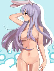 Rule 34 | 1girl, animal ears, censored, convenient censoring, female focus, hair censor, hair over breasts, long hair, navel, nude, pappappao, purple hair, pussy, rabbit ears, reisen udongein inaba, simple background, solo, touhou, uncensored