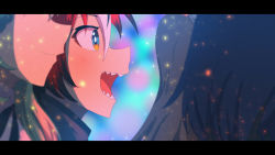 Rule 34 | 4girls, black hair, blue hair, brown hair, ceres fauna, closed mouth, commentary, english commentary, green hair, hakos baelz, head out of frame, highres, hololive, hololive english, letterboxed, light particles, long hair, looking to the side, mouse girl, multicolored hair, multiple girls, nanashi mumei, night, open mouth, ouro kronii, profile, red hair, sharp teeth, smile, streaked hair, teeth, virtual youtuber, white hair, yin midnight