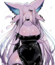 Rule 34 | 1girl, animal ears, black choker, black dress, breasts, choker, cleavage, clothed pokemon, colored skin, corrupted twitter file, creatures (company), detached sleeves, dress, ear piercing, espeon, forked tail, furry, furry female, game freak, gen 2 pokemon, hair over one eye, highres, huge breasts, large ears, long hair, looking at viewer, nintendo, one eye covered, personification, piercing, pokemon, pokemon (creature), purple eyes, purple fur, purple skin, solo, tail, thick thighs, thighhighs, thighs, usa37107692, very long hair, white background