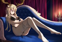Rule 34 | 1girl, absurdres, antlers, arknights, ass, bare shoulders, black bra, black panties, blonde hair, bra, breasts, calvaires, candle, cleavage, clothes pull, couch, curtains, highres, horns, indoors, long hair, no shoes, panties, pantyhose, pantyhose pull, purple eyes, solo, stomach, thighs, underwear, very long hair, viviana (arknights), white pantyhose