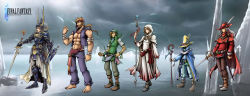 Rule 34 | 1girl, 5boys, abs, absurdres, armor, bandages, bandana, barefoot, beard, black mage (final fantasy), blonde hair, boots, brown hair, cape, character name, commentary, copyright name, dissidia final fantasy, earrings, facial hair, feathers, final fantasy, final fantasy i, hat, height difference, highres, hood, isaiah amancio, jewelry, knight, long image, monk, monk (final fantasy), multiple boys, muscular, nomura tetsuya, nomura tetsuya (style), official style, pants, ponytail, red mage (final fantasy), robe, shield, smile, standing, striped clothes, striped pants, sword, thief (final fantasy), warrior of light (ff1), weapon, white mage (final fantasy), wide image, witch hat, yellow eyes