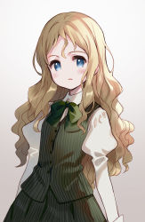 Rule 34 | 1girl, absurdres, blue eyes, blush, bow, brown hair, collared shirt, gradient background, green bow, green skirt, green vest, grey background, highres, juliet sleeves, long hair, long sleeves, looking at viewer, meito (maze), original, parted lips, puffy sleeves, shirt, skirt, solo, striped clothes, striped skirt, striped vest, vertical-striped clothes, vertical-striped skirt, vertical-striped vest, very long hair, vest, white shirt
