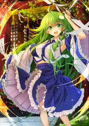 Rule 34 | .sin, 1girl, absurdres, blue skirt, breasts, collared shirt, detached sleeves, frog, frog hair ornament, gohei, grass, green eyes, green hair, hair between eyes, hair ornament, hair tubes, highres, kochiya sanae, large breasts, long hair, long skirt, looking at viewer, nontraditional miko, ofuda, open mouth, outdoors, shirt, shrine, skirt, sleeveless, sleeveless shirt, smile, snake, snake hair ornament, solo, stone floor, touhou, white shirt