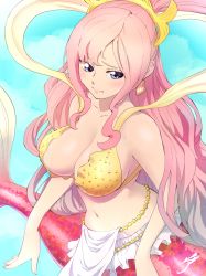 Rule 34 | 1girl, absurdres, aetherion, bare shoulders, breasts, cleavage, collarbone, earrings, highres, jewelry, large breasts, long hair, looking at viewer, mermaid, monster girl, navel, one piece, pink hair, shirahoshi, solo