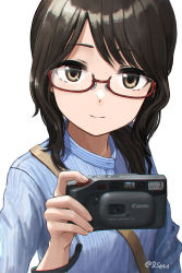 Rule 34 | 1girl, 8sets, artist name, black hair, blue shirt, brown eyes, camera, canon (company), closed mouth, highres, holding, holding camera, long sleeves, looking at viewer, medium hair, original, shirt, simple background, smile, solo, twitter username, upper body, watermark, white background