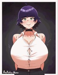 Rule 34 | 1girl, aestheticc-meme, ahoge, alex (aestheticc-meme), animated, armpits, arms behind head, artist name, bare shoulders, black hair, blush, bouncing breasts, breasts, choker, collarbone, earrings, green eyes, heart, heart-shaped pupils, highres, huge breasts, jewelry, mole, mole on breast, mole under eye, nipples, no bra, open clothes, open shirt, original, pants, seductive smile, self exposure, shirt, shirt tucked in, short hair, sleeveless, smile, solo, surprised, symbol-shaped pupils, tomboy, video, white shirt