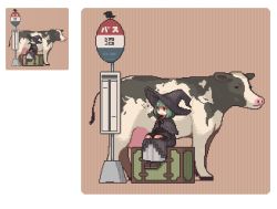 Rule 34 | 1girl, animal, black dress, black hat, bus stop, capelet, cow, dress, female focus, green hair, hands on lap, hat, omunikin, original, pixel art, sign, sitting, solo, witch, witch hat