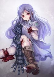 Rule 34 | 1girl, blood, boots, concealed weapon, cross-laced footwear, disembodied limb, dress, guro, highres, knife, koruse, light purple hair, looking at viewer, mechanical arms, nagai gojitsudan no nechronica, red eyes, ribbon, scar, simple background, single mechanical arm, smile, solo, weapon