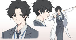 Rule 34 | 1boy, black eyes, black hair, black necktie, blue archive, blue archive the animation, closed mouth, commentary, cropped shoulders, dressing, formal, grey suit, id card, junu (jwoo5627), lanyard, light smile, looking at viewer, male focus, multiple views, necktie, profile, sensei (blue archive), sensei (blue archive the animation), short hair, simple background, suit