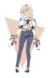 Rule 34 | 1girl, alternate hairstyle, android, blonde hair, blue eyes, blush, denim, doll joints, dual wielding, grin, gun, hairband, headgear, high ponytail, highres, holding, jeans, joints, long hair, pants, patatatan, phantasy star, phantasy star online 2, phantasy star online 2 new genesis, smile, solo, unfinished, very long hair, weapon