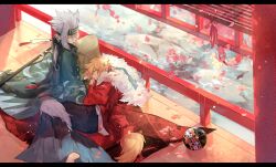 2boys alternate_costume animal_ears aotu_world blonde_hair bokyo bridge chinese_clothes closed_eyes fox_boy fox_ears fox_tail fur_trim grey_(aotu_world) hair_between_eyes hand_fan headband kemonomimi_mode king_(aotu_world) letterboxed long_hair long_sleeves male_focus multiple_boys petals purple_eyes short_hair sitting sleeping tail water weapon white_hair wolf_boy wolf_ears wolf_tail yaoi