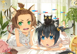 Rule 34 | &gt;:d, 2girls, :d, animal ears, bad id, bad pixiv id, barefoot, bed sheet, bell, black hair, blue eyes, blush, brown hair, cat, cat ears, cat tail, curtains, dress, feet, fish, green eyes, hair bell, hair ornament, head rest, jingle bell, kimura (ykimu), long hair, lying, multiple girls, on stomach, open mouth, original, short hair, smile, soles, tail, v-shaped eyebrows, white dress, window, aged down