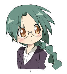 Rule 34 | 00s, 1girl, alternate hairstyle, blush, glasses, green hair, ixy, looking to the side, lowres, lucky star, narumi yui, orange eyes, ponytail, raised eyebrow, simple background, solo, white background
