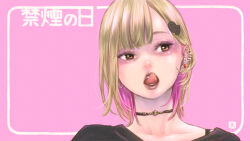 Rule 34 | 1girl, black shirt, blonde hair, brown eyes, choker, ear piercing, earrings, eyelashes, hair ornament, highres, jewelry, key (kagibangou), licking lips, looking to the side, multicolored hair, open mouth, original, piercing, pink hair, shirt, solo, teeth, tongue, tongue out, two-tone hair, upper body