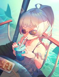 Rule 34 | 1girl, bikini, bikini top only, blue eyes, bracelet, chopsticks, cup, dress, drinking straw, food, from above, highres, jewelry, long hair, looking at viewer, nail polish, pink nails, ponytail, rimless eyewear, rwby, scar, scar across eye, scar on face, sitting, solo, strap slip, sundress, sunglasses, swimsuit, tinted eyewear, wangxiii, weiss schnee, wet, wet clothes, white dress, white hair