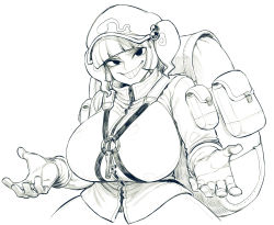 Rule 34 | 1girl, backpack, bag, blunt bangs, breasts, evil smile, gloves, greyscale, hair bobbles, hair ornament, hat, highres, huge breasts, jacket, kawashiro nitori, key, monochrome, o-ring, open hands, pouch, smile, solo, spacezin, touhou, two side up, upper body