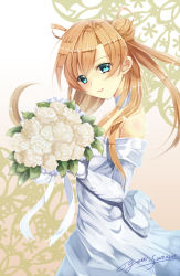 Rule 34 | 10s, 1girl, 2017, abukuma (kancolle), artist name, bare shoulders, blue eyes, bouquet, dress, flower, highres, kantai collection, light brown hair, long hair, looking at viewer, signature, smile, solo, wedding dress, white dress, white flower, yuitsuki1206
