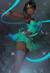 Rule 34 | 1girl, absurdres, aqua nails, armpits, artist name, bare shoulders, black hair, commentary, dark-skinned female, dark skin, earrings, figure skater symmetra, gloves, green skirt, hair bun, highres, jewelry, looking away, matilda fiship, nail polish, official alternate costume, outstretched arm, overwatch, overwatch 1, parted lips, short hair, single glove, single hair bun, skirt, solo, sparkle, symmetra (overwatch), tattoo, thighhighs, wand, white gloves, white thighhighs, yellow eyes