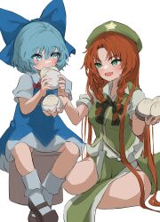 Rule 34 | 2girls, absurdres, beret, black footwear, blue bow, blue dress, blue eyes, blue hair, bow, braid, cirno, collared shirt, commentary request, dress, food, green eyes, green headwear, green skirt, green vest, hair bow, hat, hat ornament, highres, holding, holding food, hong meiling, looking at another, mikan (manmarumikan), multiple girls, parted bangs, red hair, shirt, short hair, short sleeves, side braids, simple background, sitting, skirt, socks, star (symbol), star hat ornament, touhou, twin braids, vest, white background, white shirt, white socks