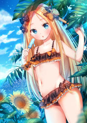 Rule 34 | 1girl, :o, abigail williams (emerald float) (fate), abigail williams (fate), bare arms, bare shoulders, bikini, black bikini, black bow, blonde hair, blue eyes, blue sky, blurry, blurry foreground, blush, bow, breasts, cleavage, cloud, cloudy sky, collarbone, commentary request, day, depth of field, dutch angle, emerald float, fate/grand order, fate (series), flower, food, forehead, groin, hair bow, hands up, highres, holding, holding food, horizon, lokyin house, long hair, melting, navel, ocean, official alternate costume, orange bow, outdoors, parted bangs, parted lips, polka dot, polka dot bow, popsicle, scrunchie, sky, small breasts, solo, sunflower, swimsuit, very long hair, water, wrist scrunchie, yellow flower