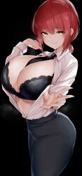 Rule 34 | 1girl, absurdres, black bra, black necktie, black pants, bra, braid, braided ponytail, breasts, chainsaw man, cleavage, collared shirt, dress shirt, high-waist pants, highres, lace, lace-trimmed bra, lace trim, large breasts, long hair, long sleeves, looking at viewer, makima (chainsaw man), maruyaa (malya1006), necktie, open clothes, open shirt, pants, red hair, ringed eyes, shirt, sidelocks, smile, solo, thighs, underwear, white shirt, yellow eyes