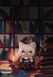 Rule 34 | 1girl, animal ears, armchair, blue eyes, bookshelf, brown skirt, candlelight, candlestand, cat ears, chair, chibi, cup, dim lighting, final fantasy, final fantasy xiv, full body, highres, holding, holding cup, indoors, lipstick, looking at viewer, makeup, memecry, pile of books, pleated skirt, sitting, skirt, smile, solo, teacup, white hair, y&#039;shtola rhul