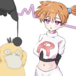 Rule 34 | 1girl, adapted costume, asymmetrical hair, blush, breasts, cosplay, cowboy shot, creatures (company), crop top, game freak, gen 1 pokemon, gloves, gym leader, hypnosis, large breasts, legs, looking at viewer, mind control, miniskirt, misty (pokemon), navel, nintendo, open mouth, orange hair, pendulum, pokemon, pokemon (anime), pokemon (classic anime), pokemon (creature), pokemon rgby, ponytail, psyduck, purple eyes, short hair, side ponytail, skirt, solo, team rocket, team rocket (cosplay), team rocket uniform