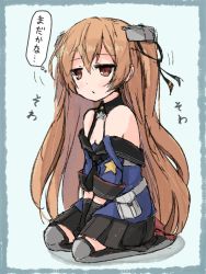 Rule 34 | 1girl, blouse, blue shirt, brown eyes, brown hair, commentary request, dress, gloves, hair ornament, hands on own hips, johnston (kancolle), kantai collection, long hair, poipoi purin, sailor dress, seiza, shirt, sitting, solo, thighhighs, translation request
