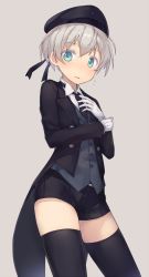 Rule 34 | 10s, 1girl, alternate costume, black necktie, black shorts, black thighhighs, blouse, blush, butler, coattails, colored eyelashes, contrapposto, female butler, female focus, flying sweatdrops, formal, gloves, green eyes, hat, highres, kantai collection, looking at viewer, metindone, necktie, sailor hat, shirt, short shorts, shorts, silver hair, simple background, solo, standing, suit, tailcoat, thighhighs, tomboy, tuxedo, vest, white gloves, z1 leberecht maass (kancolle)