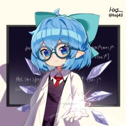 Rule 34 | 1girl, :&gt;, ahoge, alternate costume, aqua bow, aqua hair, artist name, black shirt, blue-framed eyewear, blue eyes, bow, chalkboard, cirno, coat, collared shirt, crossed bangs, glowing, hair between eyes, hair bow, hand up, highres, hxj (2324184595), math, necktie, pointy ears, red necktie, round eyewear, shadow, shirt, short hair, signature, simple background, smile, solo, touhou, triangle mouth, upper body, white background, white coat
