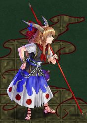 Rule 34 | 1girl, adapted costume, baten (gei-vorugu), belt, chain, checkered background, cuffs, green background, hair ribbon, hand on own hip, highres, horn ornament, horn ribbon, horns, ibuki suika, leaning forward, long hair, low-tied long hair, orange hair, profile, ribbon, sandals, shackles, short sleeves, sidelocks, skirt, smile, solo, staff, touhou, vest, yellow eyes