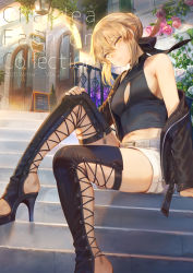 Rule 34 | 1girl, alternate costume, artoria pendragon (all), artoria pendragon (fate), bare shoulders, belt, belt buckle, black bow, black footwear, black jacket, black shirt, blonde hair, boots, bow, breasts, buckle, building, casual, cleavage cutout, closed mouth, clothing cutout, commentary request, cross-laced footwear, day, english text, fate/grand order, fate (series), flower, hair bow, hair bun, hair ribbon, hand on own knee, high heel boots, high heels, highres, jacket, knee up, lace-up boots, long sleeves, looking at viewer, mashuu (neko no oyashiro), off shoulder, outdoors, pink flower, pink rose, railing, ribbon, rose, saber alter, shirt, short hair, short shorts, shorts, sideboob, sidelocks, single hair bun, sitting, small breasts, solo, stairs, thigh boots, thighhighs, toeless footwear, unzipped, v-shaped eyebrows, white flower, white rose, white shorts, yellow eyes, zipper pull tab