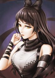 Rule 34 | 1girl, artist name, bare shoulders, black hair, blake belladonna, bow, breasts, clenched hand, eyebrows, hair bow, hair ornament, large breasts, lips, long hair, parted lips, pricey, rwby, scarf, solo, star (symbol), starry background, upper body, watermark, web address, yellow eyes