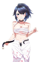 Rule 34 | 1girl, belt, black choker, black panties, blue eyes, blue hair, blush, breasts, chest sarashi, choker, cleavage, clothes in mouth, commentary, floral print, holding, holding belt, kson, large breasts, long hair, looking at viewer, mole, mole under eye, multicolored hair, navel, open fly, panties, pants, ponytail, purple hair, sarashi, smirk, souchou, spiked choker, spikes, streaked hair, unbuttoned, underwear, virtual youtuber, vshojo, white pants, zxcv1234442