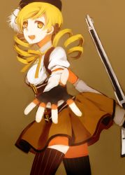 Rule 34 | 10s, 1girl, bad id, bad pixiv id, beret, blonde hair, breasts, corset, detached sleeves, drill hair, fingerless gloves, gloves, gun, hair ornament, hat, highres, lemontea, magical girl, magical musket, mahou shoujo madoka magica, mahou shoujo madoka magica (anime), open mouth, outstretched arm, pleated skirt, skirt, small breasts, smile, solo, striped clothes, striped thighhighs, thighhighs, tomoe mami, tomoe mami (magical girl), vertical-striped clothes, vertical-striped thighhighs, weapon, yellow eyes, zettai ryouiki