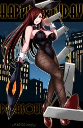 Rule 34 | 1girl, birthday, bow, bowtie, breasts, character name, cityscape, detached collar, fishnet pantyhose, fishnets, full body, high heels, highres, krieg (skullgirls), ladder, large breasts, leotard, long hair, looking at viewer, night, pantyhose, parasoul (skullgirls), playboy bunny, rabbit ears, red hair, skullgirls, solo, ungly, wrist cuffs, yellow eyes