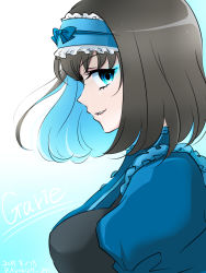 Rule 34 | 10s, 1girl, black hair, blue eyes, character name, colored inner hair, dated, garie tuman, gradient background, grin, highres, kiraki, looking at viewer, looking to the side, multicolored hair, parted lips, profile, puffy sleeves, senki zesshou symphogear, sharp teeth, short hair, smile, solo, teeth, twitter username, two-tone hair