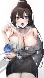 Rule 34 | 1girl, bare shoulders, black skirt, blue eyes, blue tongue, blush, breasts, brown hair, cleavage, colored tongue, food, glass table, high ponytail, highres, holding, holding spoon, ice cream, id card, lanyard, large breasts, long hair, miniskirt, office lady, original, poharo, scrunchie, sidelocks, skirt, spoon, table, tongue, tongue out, white background, white scrunchie