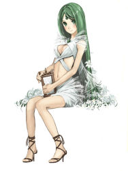 Rule 34 | 1girl, bad id, bad pixiv id, blush, breasts, cleavage, cleavage cutout, clothing cutout, domo1220, dress, forehead jewel, full body, green eyes, green hair, harp, heart, high heels, instrument, jewelry, long hair, looking at viewer, matching hair/eyes, medium breasts, navel, original, pendant, sandals, shoes, simple background, sitting, smile, solo, very long hair, yamaaaa
