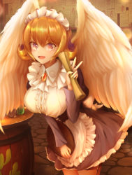Rule 34 | 1girl, apron, barrel, breasts, bulletin board, center frills, dress, feathered wings, flipped hair, frilled apron, frills, hair between eyes, hand up, highres, holding, holding tray, ishuzoku reviewers, juliet sleeves, large breasts, leaning forward, long sleeves, looking at viewer, maid, maid headdress, meidri, monster girl, open mouth, petticoat, puffy sleeves, solo, stone floor, toymark, tray, v, white apron, wings