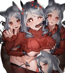 Rule 34 | absurdres, animal ears, aochoku, black horns, black legwear, breasts, cerberus (helltaker), demon girl, demon horns, demon tail, dog ears, dog girl, fang, finger in another&#039;s mouth, heart, heart-shaped pupils, helltaker, highres, horns, large breasts, long hair, long sleeves, looking at viewer, modeus (helltaker), multiple girls, open mouth, pantyhose, red eyes, red shirt, red sweater, shirt, sweater, symbol-shaped pupils, tail, triplets, turtleneck, waistcoat, white hair