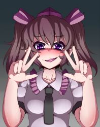 Rule 34 | 1girl, blush, brown hair, collarbone, female focus, gesture, hat, himekaidou hatate, long hair, necktie, open mouth, puffy sleeves, purple eyes, rinmei, short sleeves, simple background, solo, tokin hat, touhou, twintails, v, wavy mouth