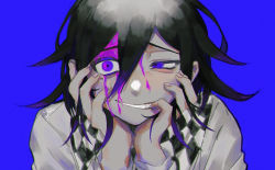 Rule 34 | 1boy, black hair, blood, blood on face, blue background, blue eyes, checkered clothes, checkered neckwear, checkered scarf, commentary request, danganronpa (series), danganronpa v3: killing harmony, grey jacket, grin, hair between eyes, hands on own cheeks, hands on own face, jacket, joh pierrot, long sleeves, looking at viewer, male focus, messy hair, oma kokichi, pink blood, portrait, purple eyes, scarf, signature, simple background, smile, solo, teeth, upper body