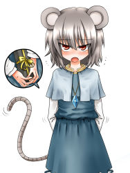 Rule 34 | 1girl, animal ears, arms behind back, bad id, bad pixiv id, blush, box, capelet, cowboy shot, dowsing rod, flying sweatdrops, galerie, gift, gift box, highres, holding, holding gift, jewelry, looking at viewer, mouse ears, mouse tail, nazrin, open mouth, pendant, red eyes, short hair, silver hair, solo, sweat, tail, touhou